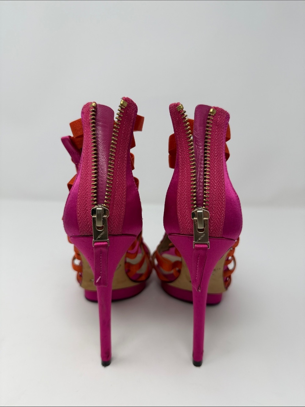 Brian Atwood Strappy Gladiator Sandals in Fuchsia and Orange - Picture 3 of 7